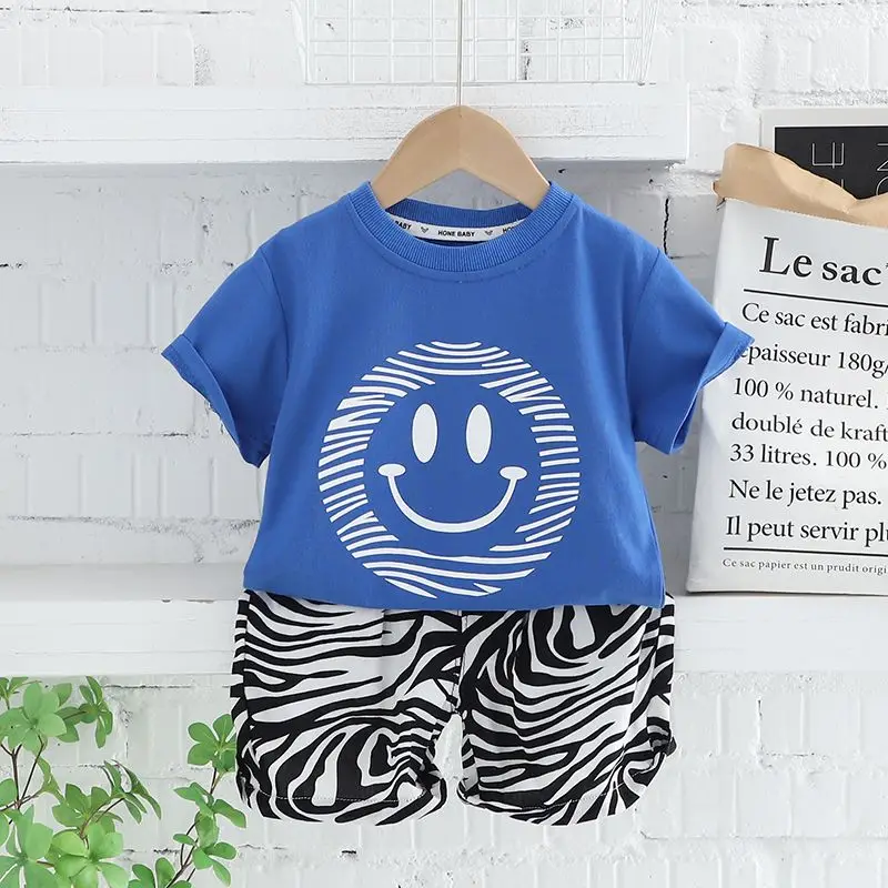 2023 Children Clothing Summer Short Sleeve New Smiling Face Printed Casual Korean Version Trend Thin Striped Shorts Two Pieces