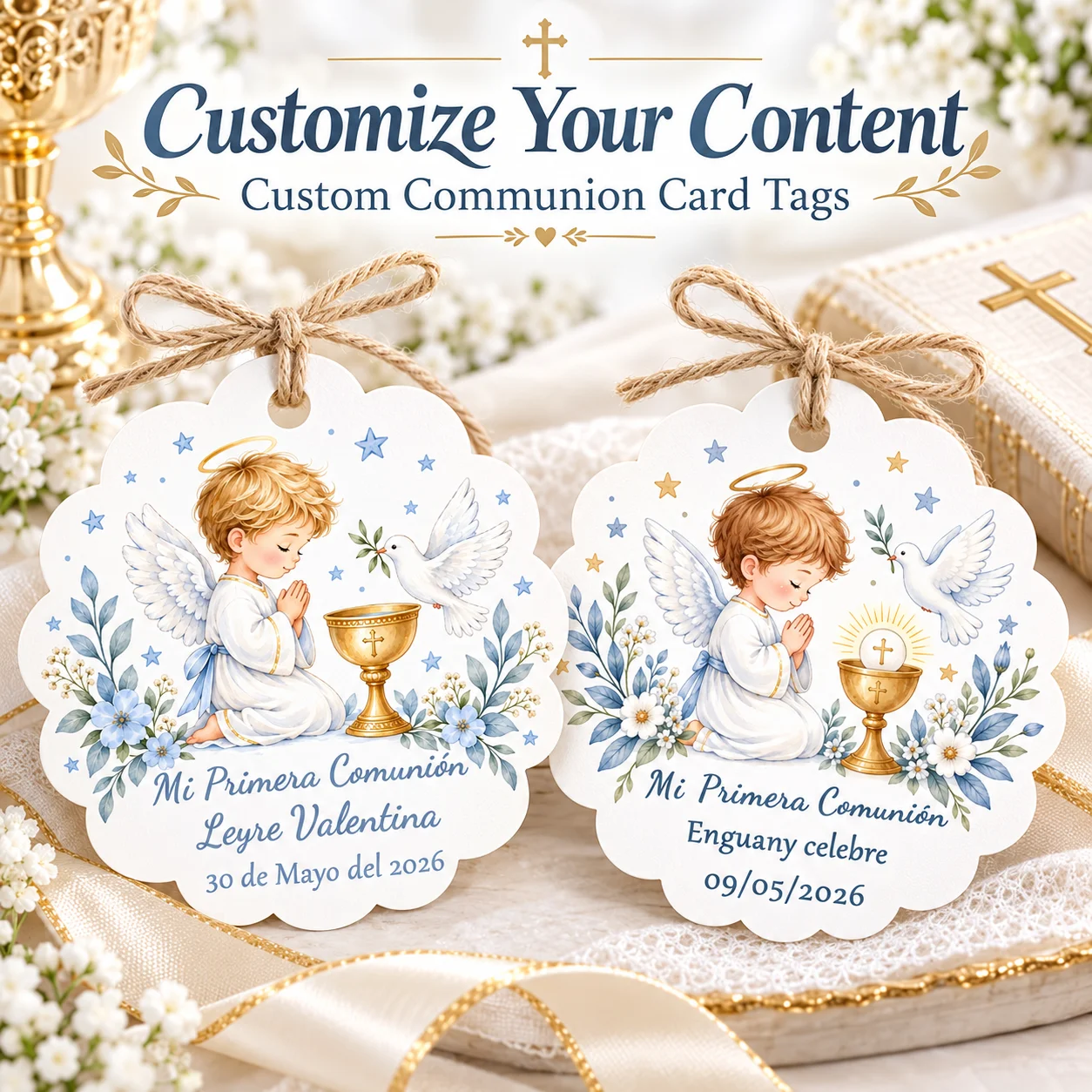 Personalized First Communion Favor Tags, Custom Communion Gift Tags with Twine, Baptism Party Decorations, Religious Commemorative Tags, Custom Party Favor Tags with Name and Date