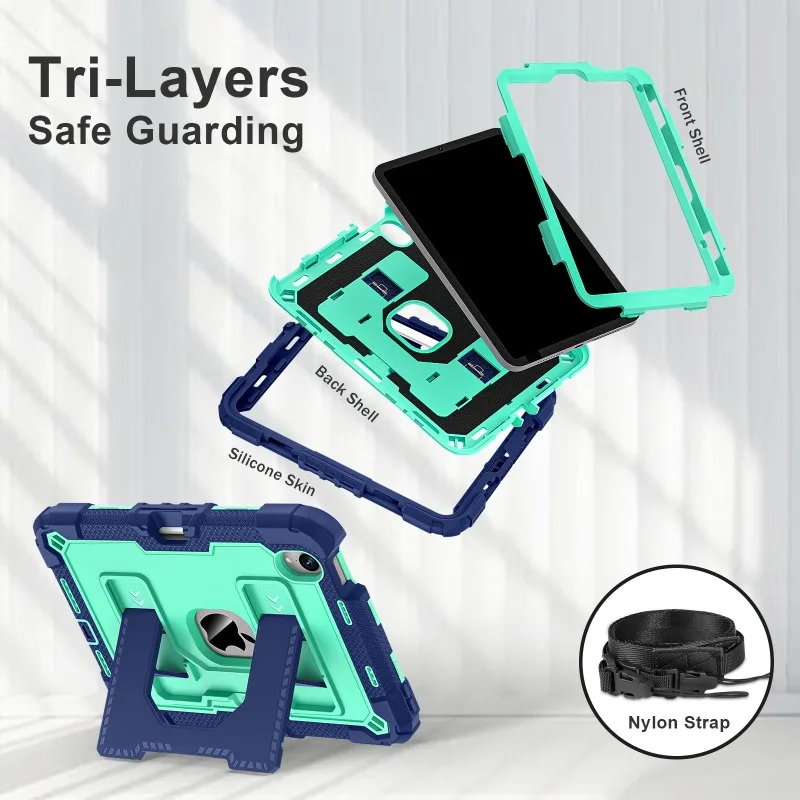Heavy Duty Protective Case for iPad Mini 6 7 A17 Pro 8.3 Hybrid Shockproof Case with Crossbody Strap Hard Sturdy Kickstand Cover