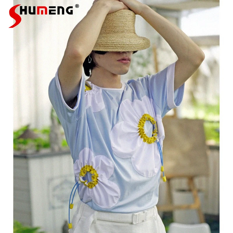 

Men's 2025 Summer New Tees Flower Three-dimensional Drawstring Pleated Decorative Tops Trendy Short-sleeve Loose Comfort T-shirt