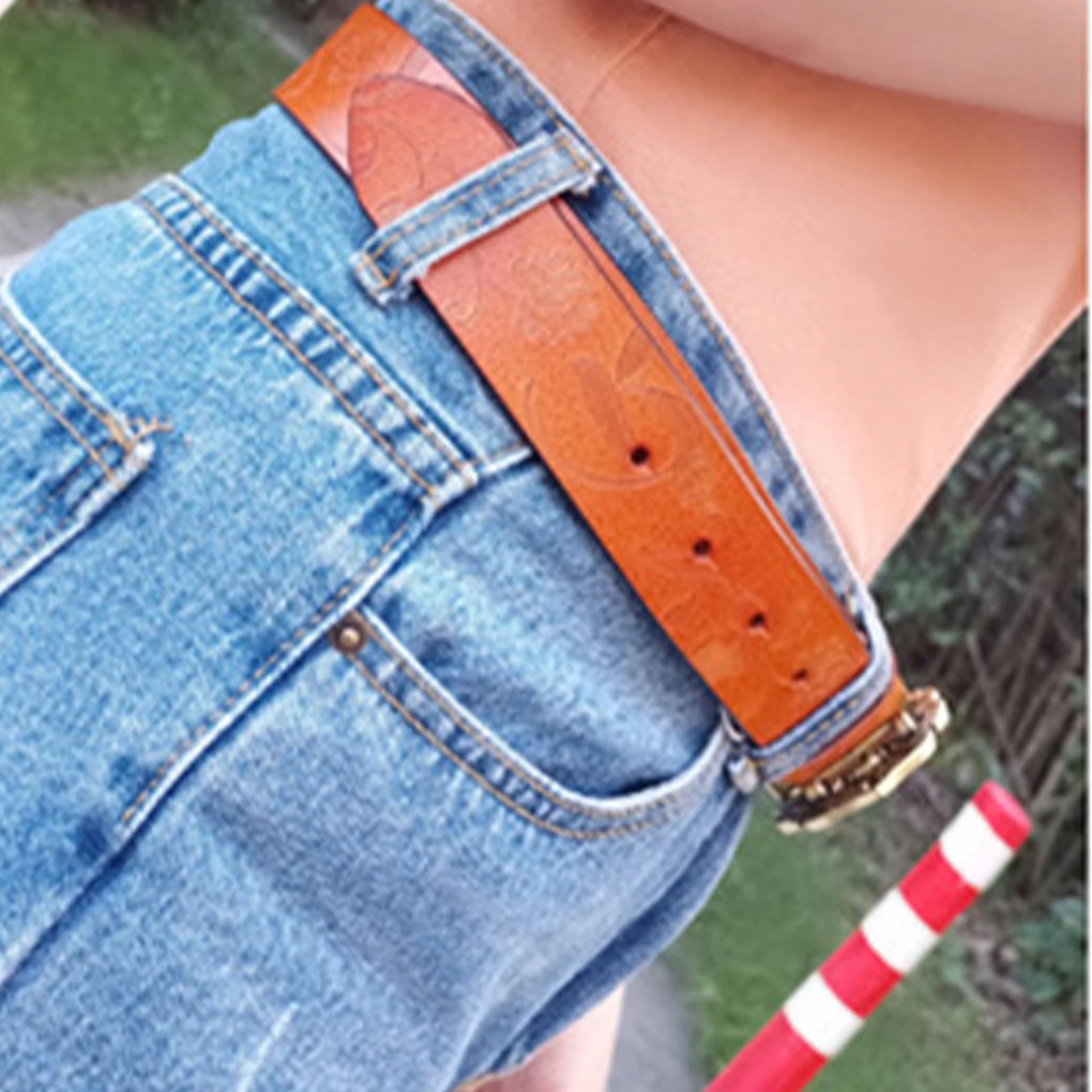 PU Women Leather Flower Buckle Belt Wide Applicable Occasions Adjustable Length Premium PU Light tan