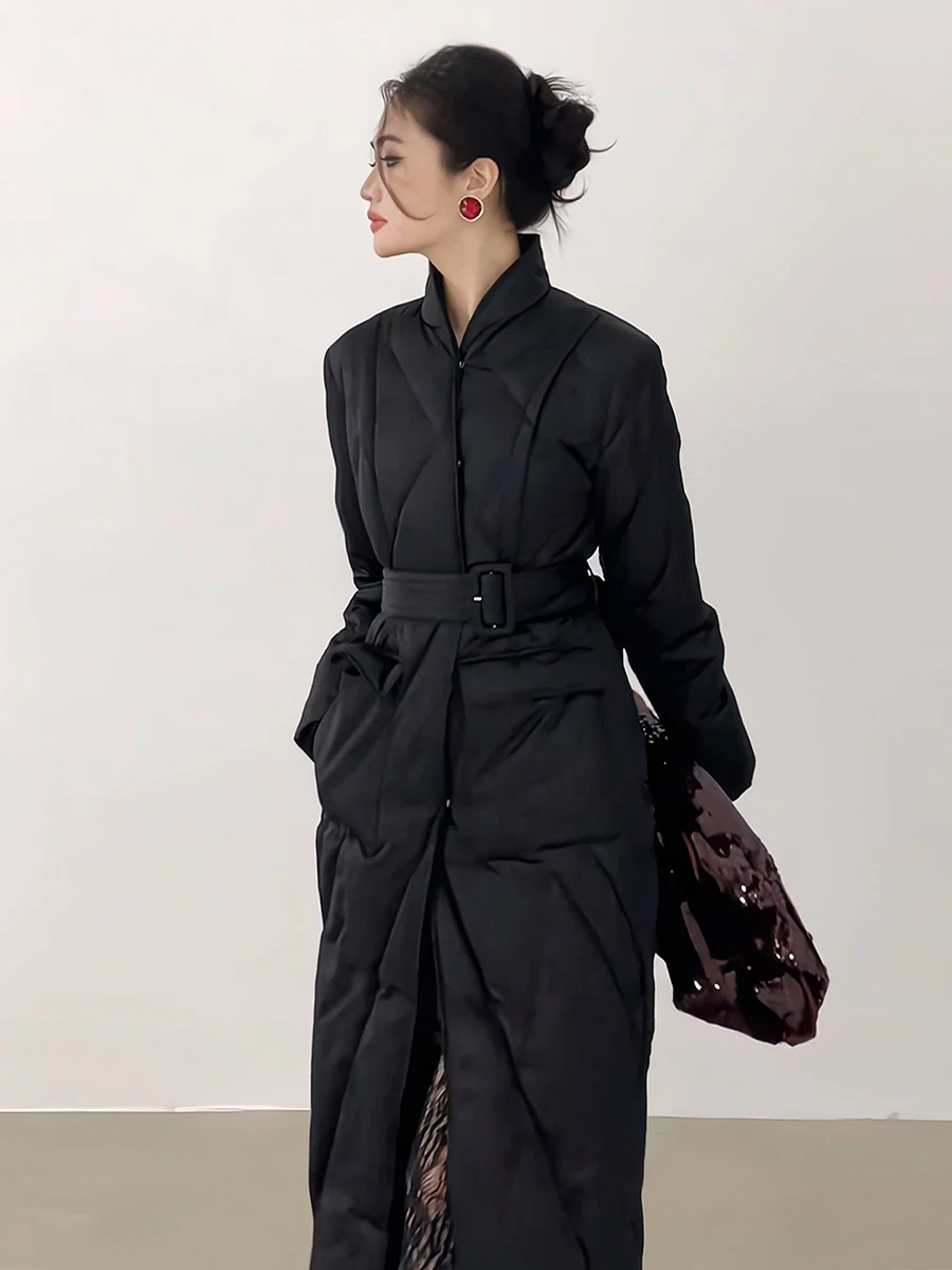 

Black Stylish Stand Collar Quilted Down Coat Women 2025 Winter New Thick Warm Long Over Knee Jacket