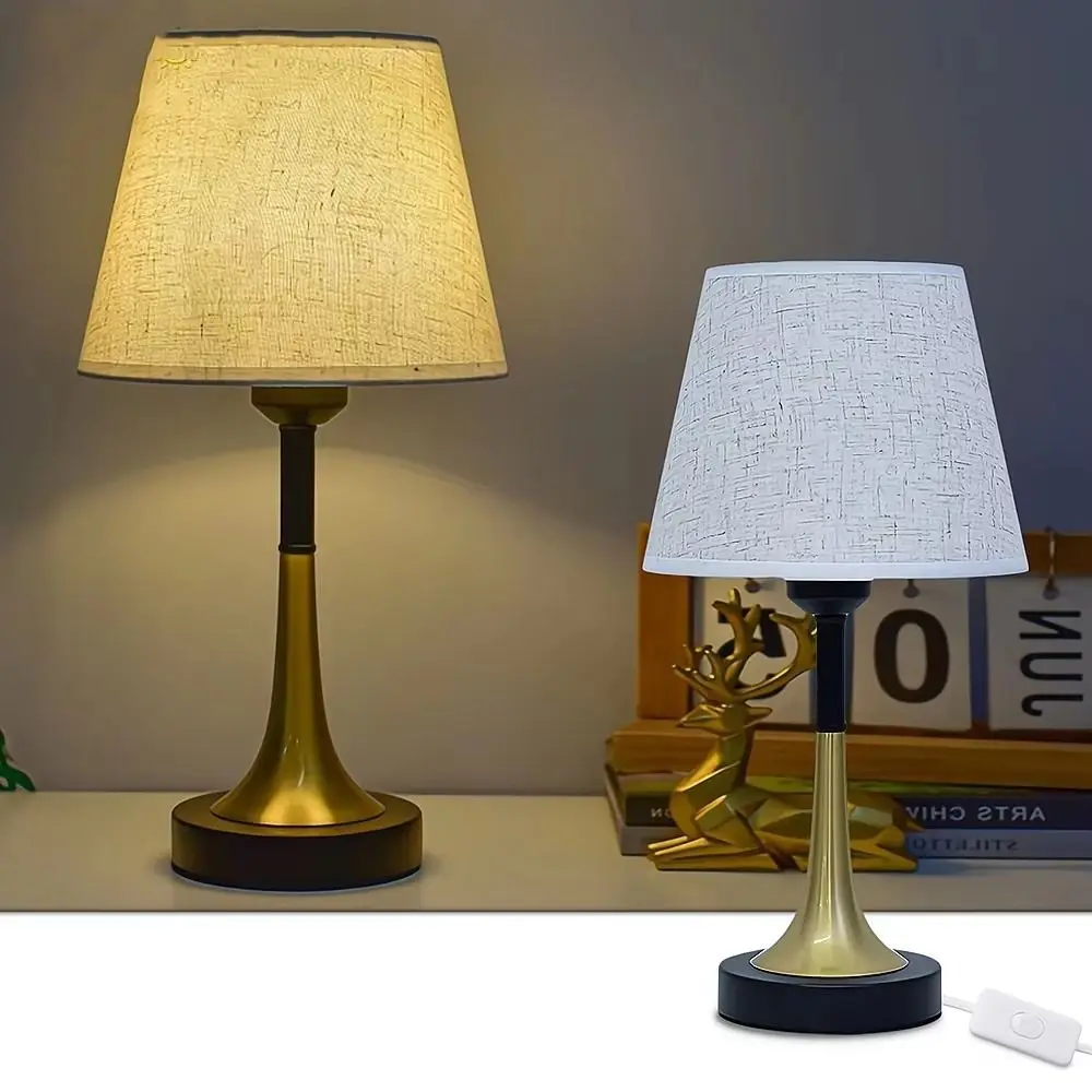 USB Retro Night Light Metal Base Fabric Lampshade Bedside Table Lamps Soft Light 3-Color Lighting European LED Desk Lamp