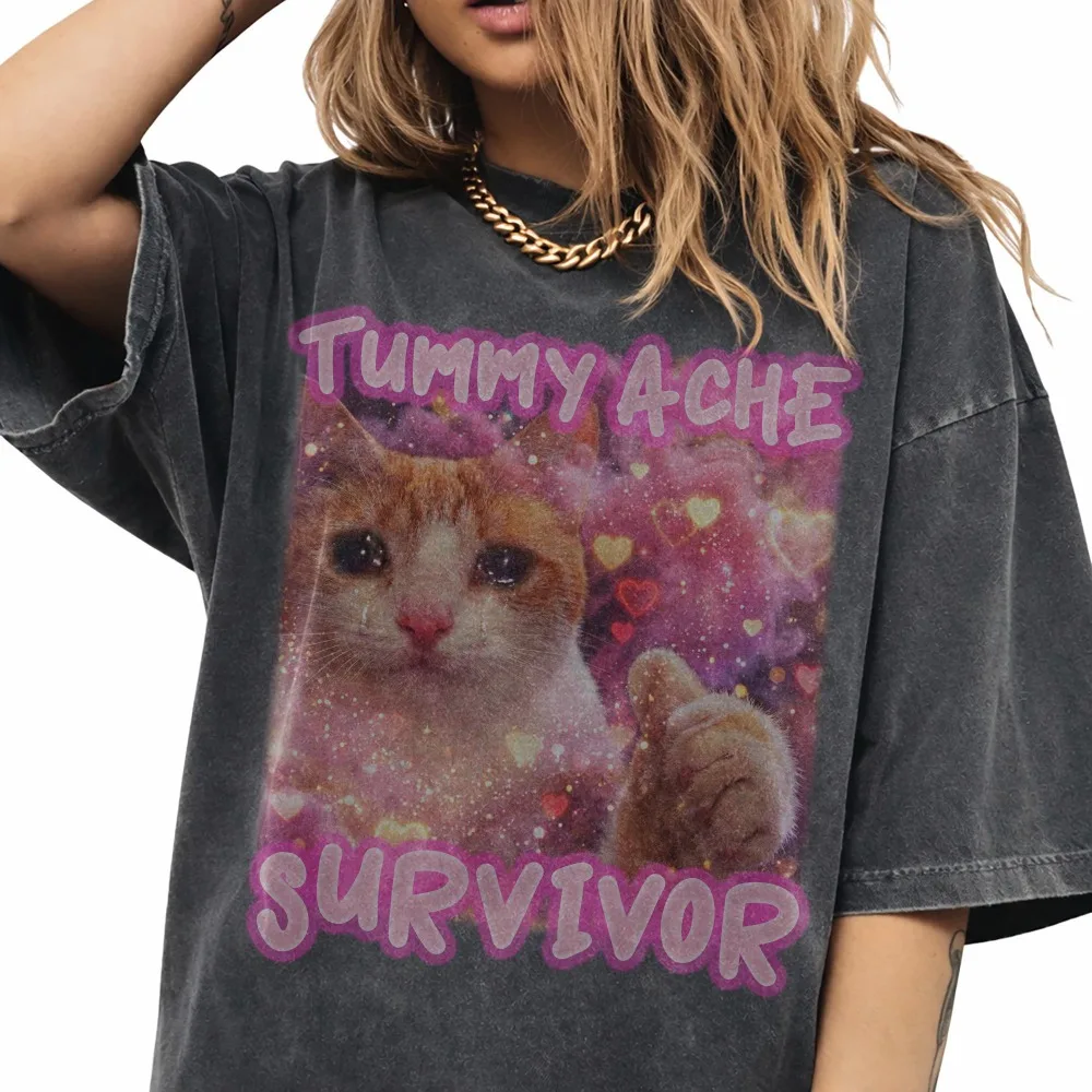 Camiseta Tummy Ache Survivor Cat, camiseta gráfica con meme de gato divertido, camiseta peculiar