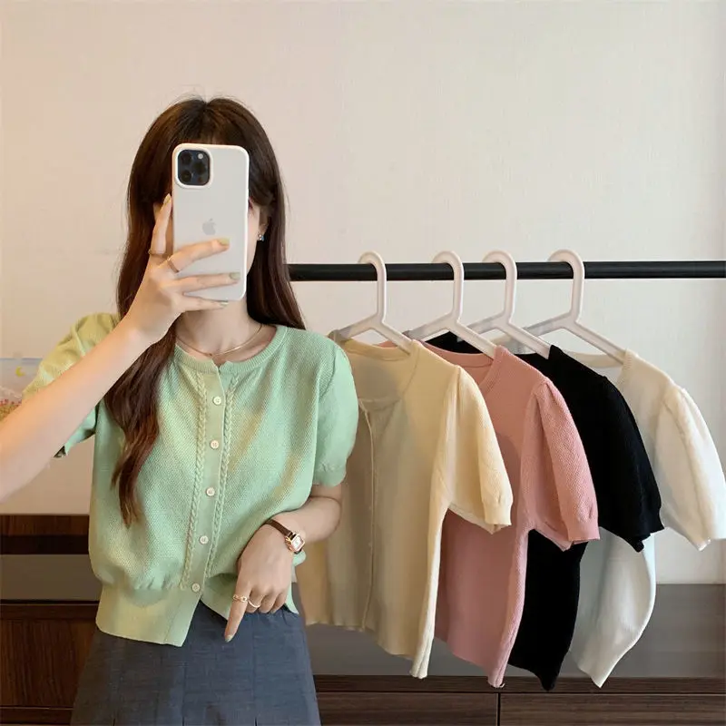 Women Short Sleeve Cardigan Slim Skinny O-neck Tee Shirt Female Sexy Tops Single Breasted All-match Knitted Vintage Crop Tops