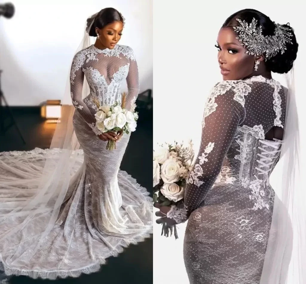 

Customized Long Sleeve Mermaid Wedding Dresses Full Applique Custom Made Vintage Lace-up Corset African Aso Ebi Bridal Dress Gow