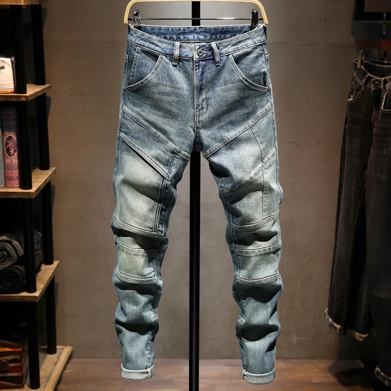 

Street Designer Fashion Men Jeans Retro Washed Blue Stretch Slim Fit Spliced Ripped Jeans Men Patched Hip Hop Denim Biker Pants