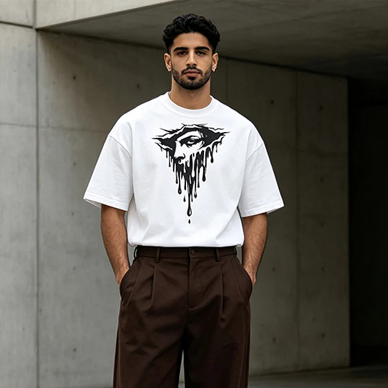 Gothic Style Tear Scraping Face Pattern T shirt Punk Hip Hop Streetwear Top Loose And Casual Street Cotton Round Neck Tee Unisex