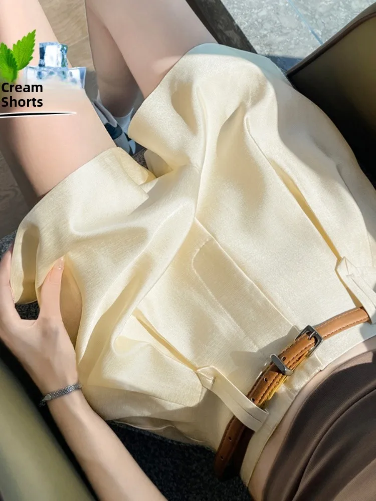 Ice Silk Acetate Satin Suit Wide Leg Shorts Women Summer New Versatile Slimming Loose A-Line Five-Quarter Pants Commute Style