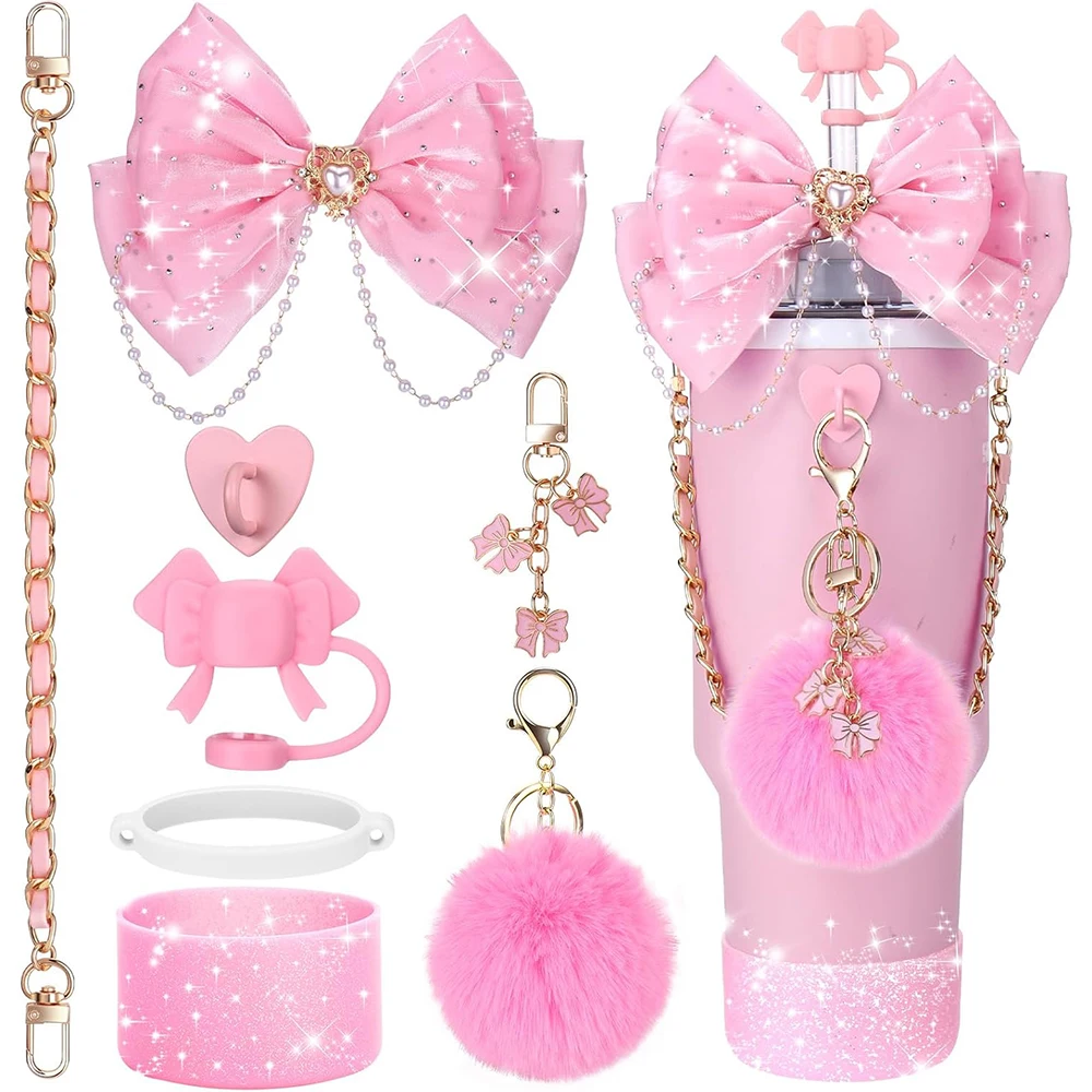 Bling Cup Accessories for Stanley Tumbler Cup 40oz Tumbler with Handle, Including Bow Straw Topper Cover, Straw Bow Decorate
