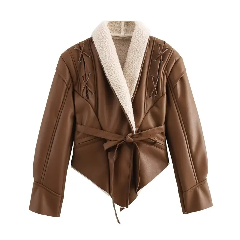 

Women’s Irregular Tie Waist Shearling Lined Warm Coat Jacket Winter Fashion Outerwear Casual