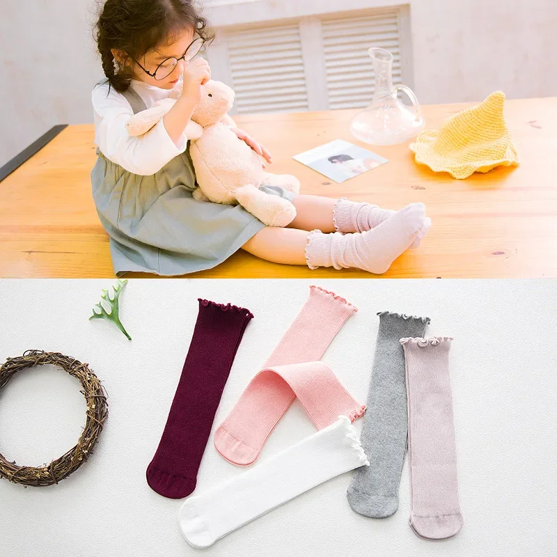 5 Pairs Fashion Gifts Fresh Solid Color New Spring Summer Children Lace  Piles of Combed Cotton Double Needle Baby Stockings