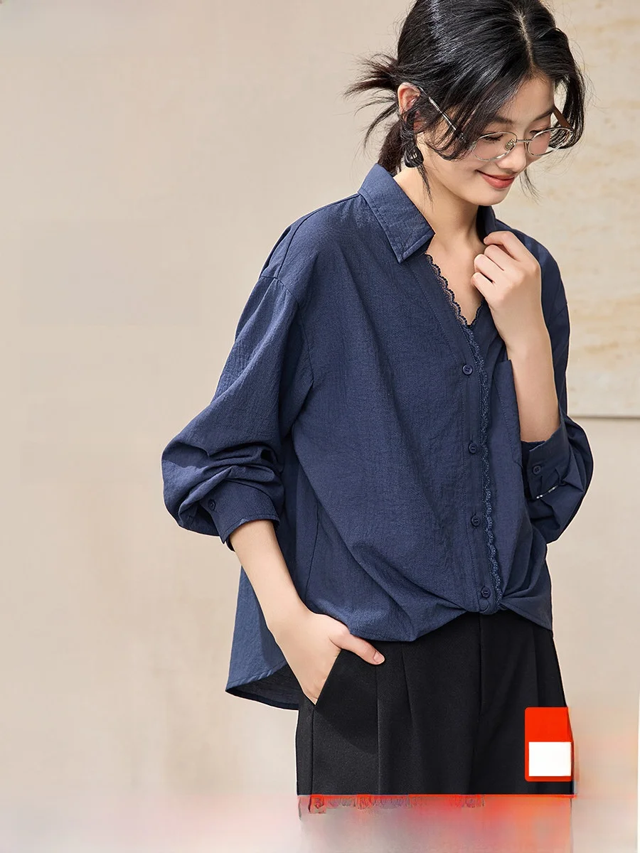 

Романтичная женская блузка с V-образным вырезом и кружевной отделкой, из дышащей льняной смеси, с длинными рукавами, для повседневной носки, весенняя, премиум-класса