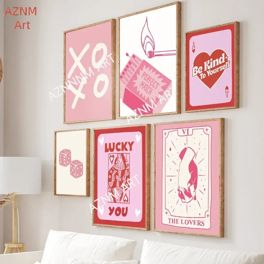 Pink Lucky Poker Queen Herz Würfel Match Pop Y2k Kunst Wohnzimmer Home Decor Pastell Poster und Druck Boho Wandkunst Leinwand Gemälde