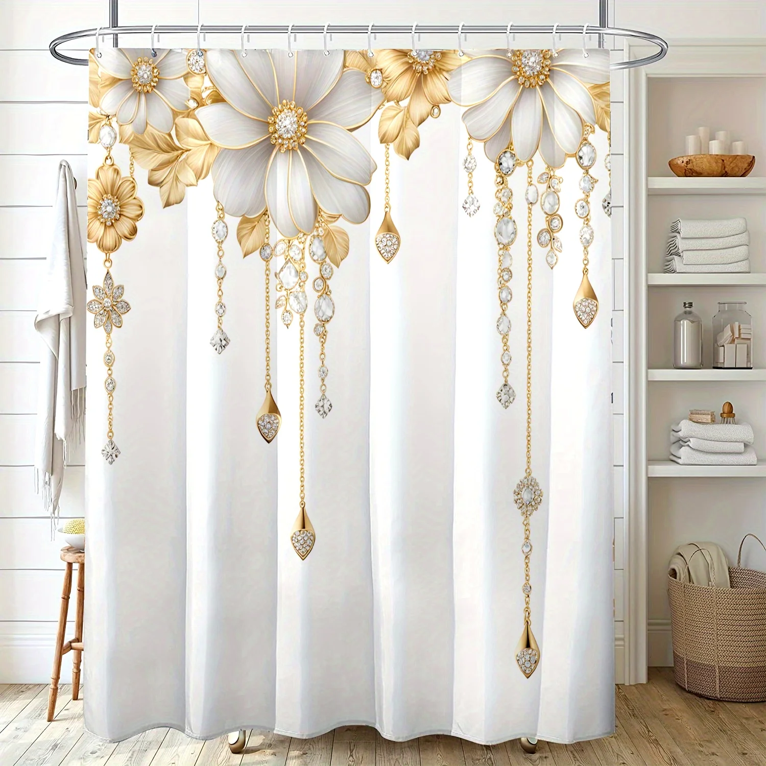 

Luxury Gold Flower Shower Curtain Elegant White and Gold Floral Design Bathroom Decor Waterproof Bath Curtain Home Accessory