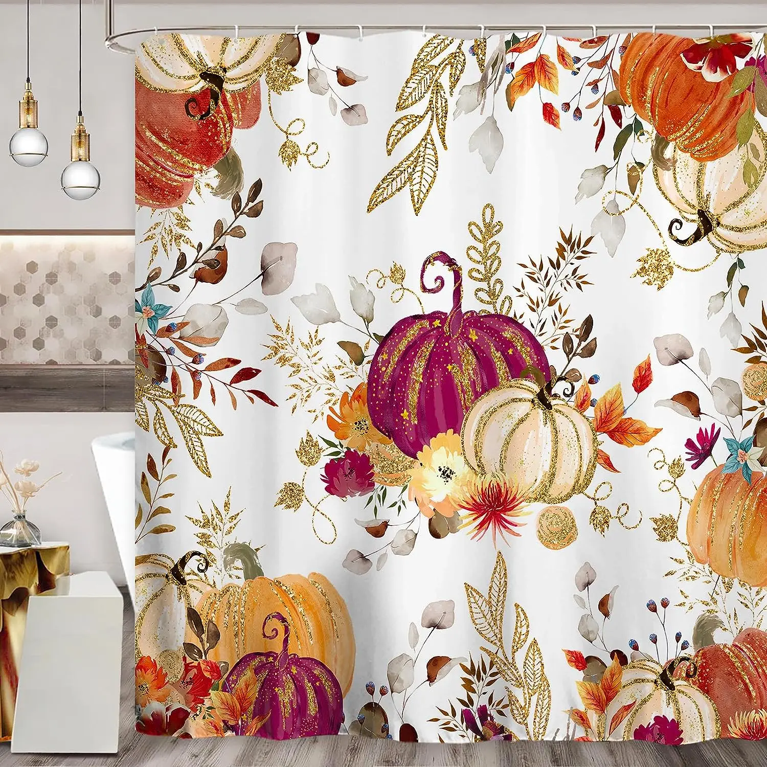 Fall Golden Pumpkin Shower Curtain Autumn Thanksgiving Maple Leaf Halloween Harvest Farmhouse Home Shower Curtain Bathroom Decor