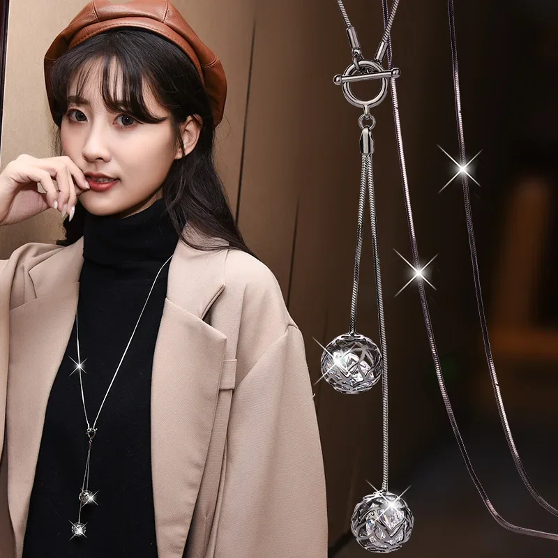 Kalung Panjang Gesper T Bola Kecil Rumbai 2025, Rantai Sweter Wanita Yang Modis dan Serbaguna