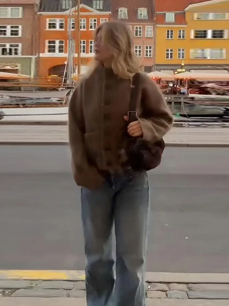 سترة صوفية ممزوجة غير رسمية لخريف وشتاء بياقة دائرية وأكمام طويلة معطف جيب واحد الصدر 2025 ملابس سيدة جديدة متينة عالية الشارع