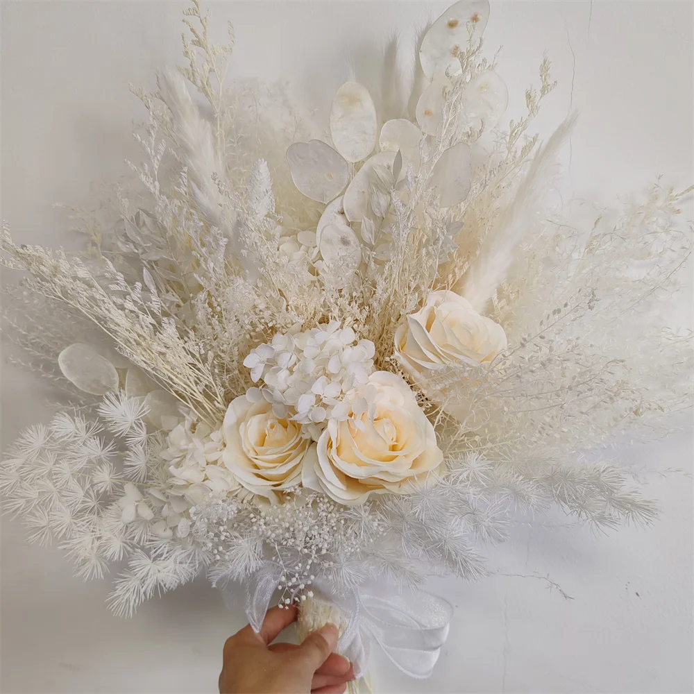 Wedding Bouquet, Artifical Rose Dried Flowers Pampas Throw Bouquet, Bridesmaid Holding Flowers,Home Party Decora Photoy Props