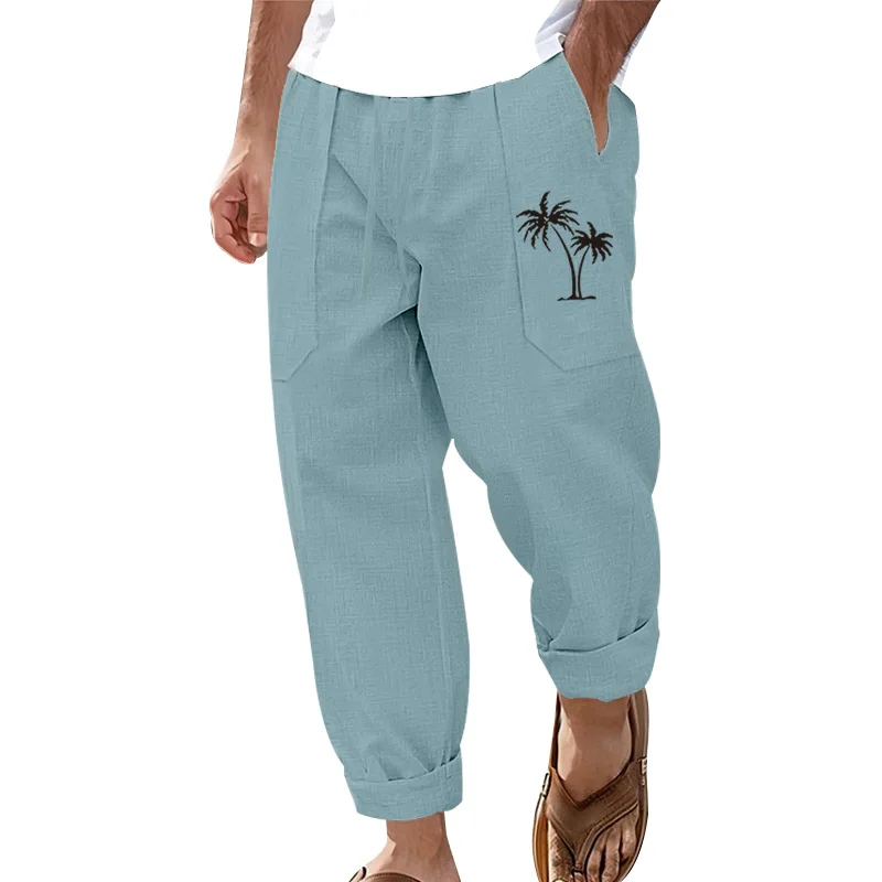 New Casual Beach Pants Mens Coconut Tree Printed Cotton and Linen Straight Pants Men