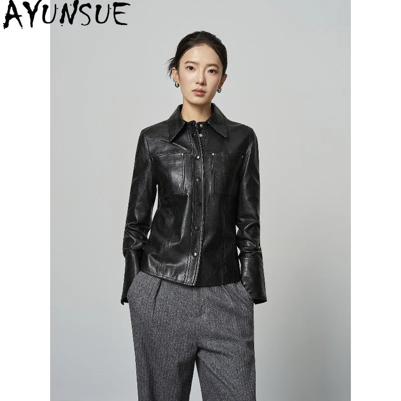 AYUNSUE Real Leather Jackets for Woman 2026 Oil-wax Sheepskin Commute Outerwear Motorcycle Black Jacket Woman Clothes Ropa Mujer