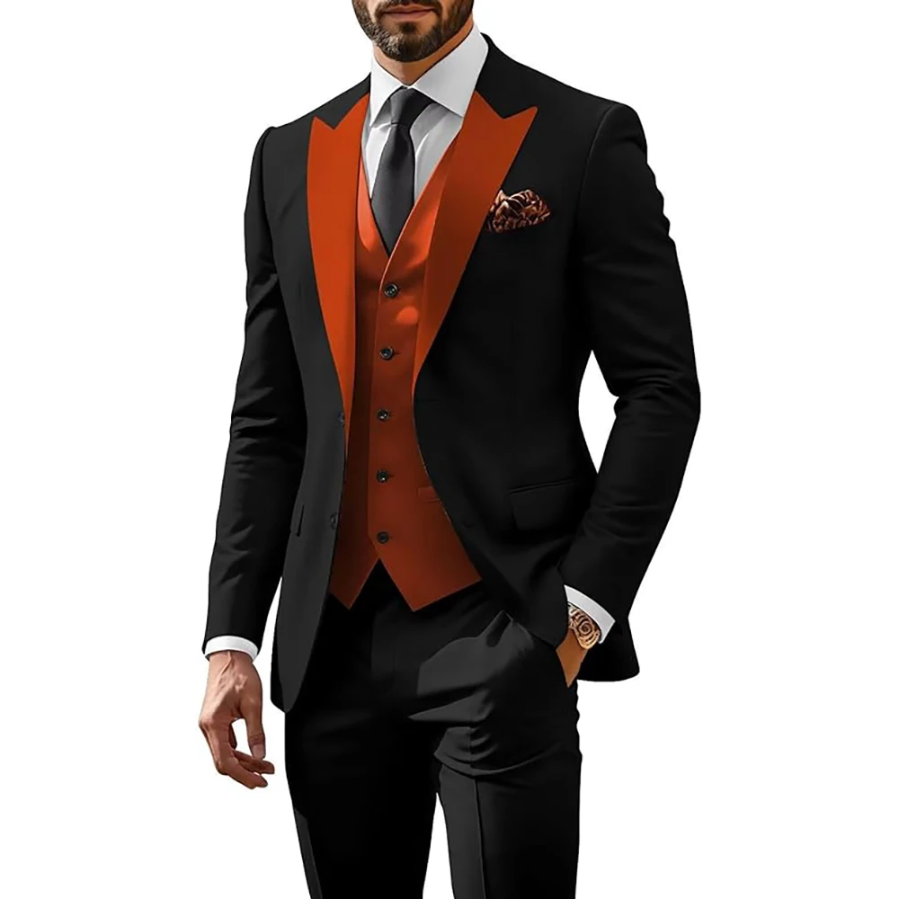 

2025 Slim Fit Men's Suit Black Orange Contrast Single-breasted Formal 3Pieces(Jacket+Pants+Vest) Wedding Business Groom Outfit
