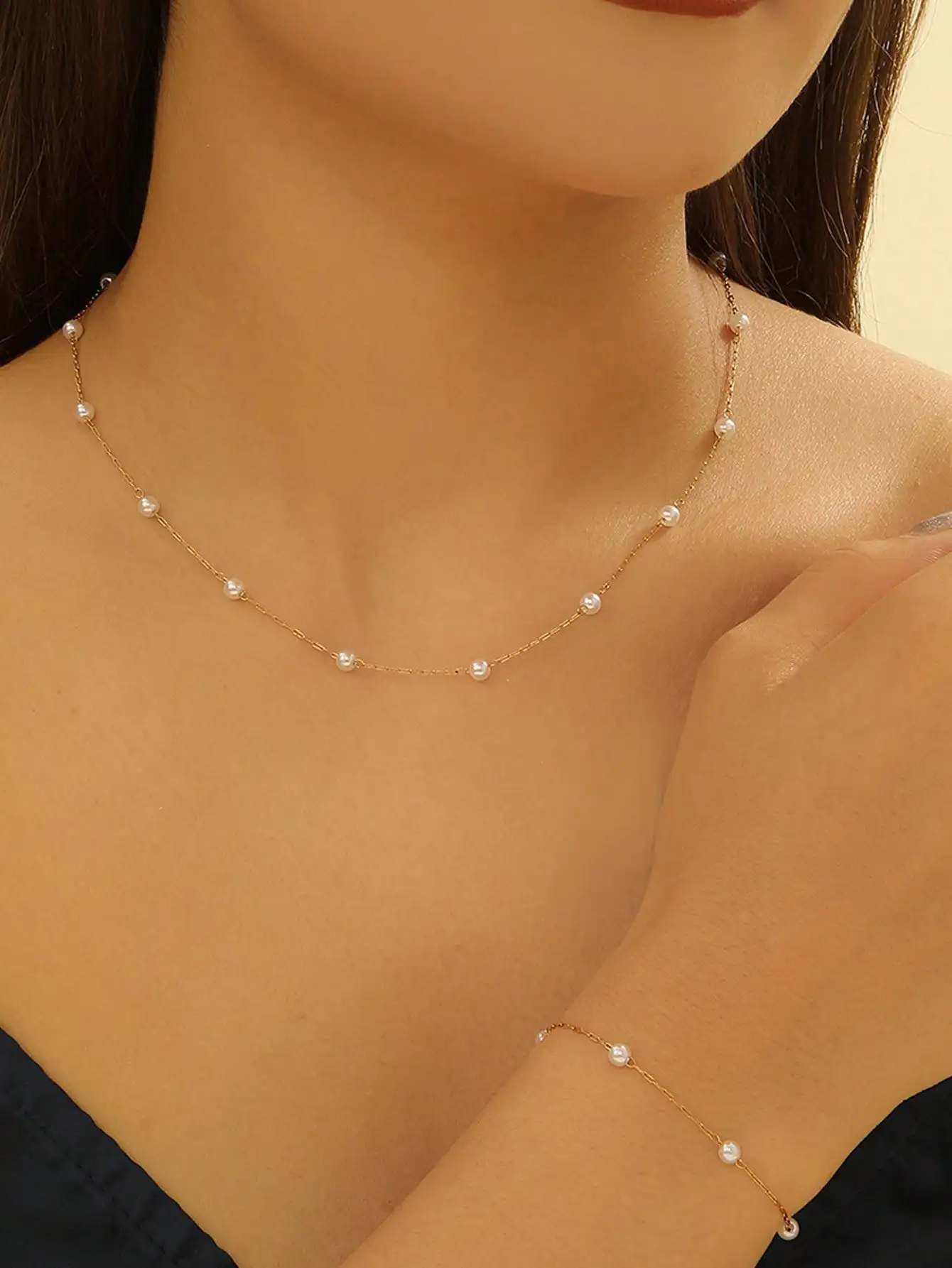 

2-Piece Gold-Tone Chain Necklace and Bracelet Set with White Faux Pearls for Women