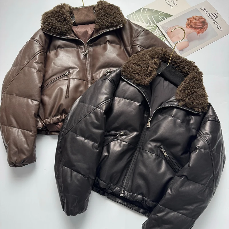 

Новая дубленка с мехом, осенне-зимняя женская шерстяная куртка с воротником, теплая кожаная куртка растительного дубления, черное/кофейное короткое пальто на гусином пуху