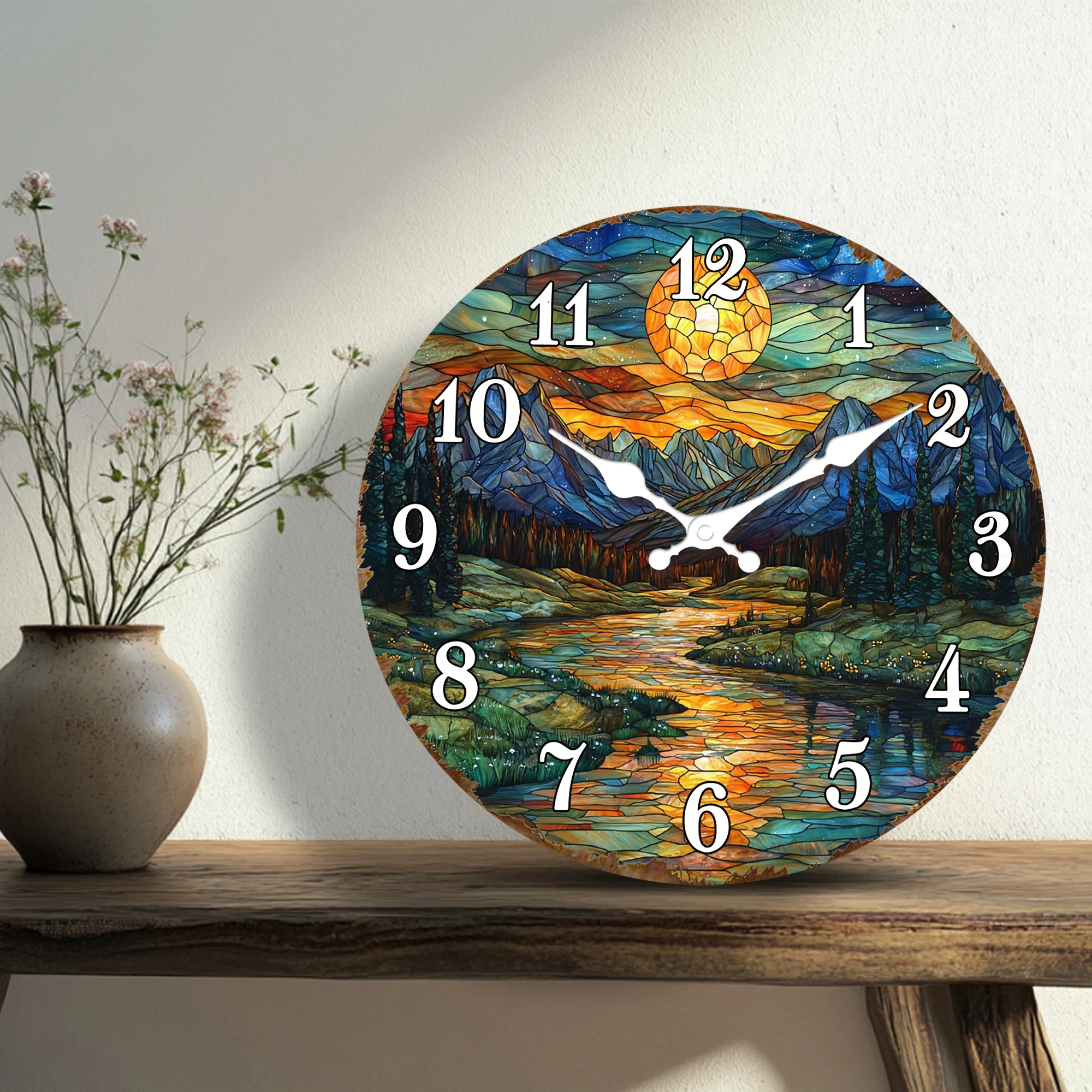 Stained Glass Mountain River Sunset Wall Clock, Artistic Landscape Decorative Round Clock, Silent Non-Ticking Ornamental Timepie