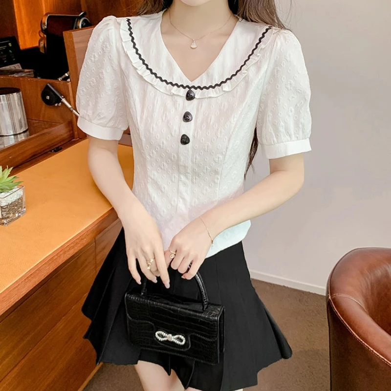 Short Slim Contrast Patchwork Elegant Blouse Summer Short Sleeve All-match Fashion Shirt Tops Temperament Korean Women Clothing