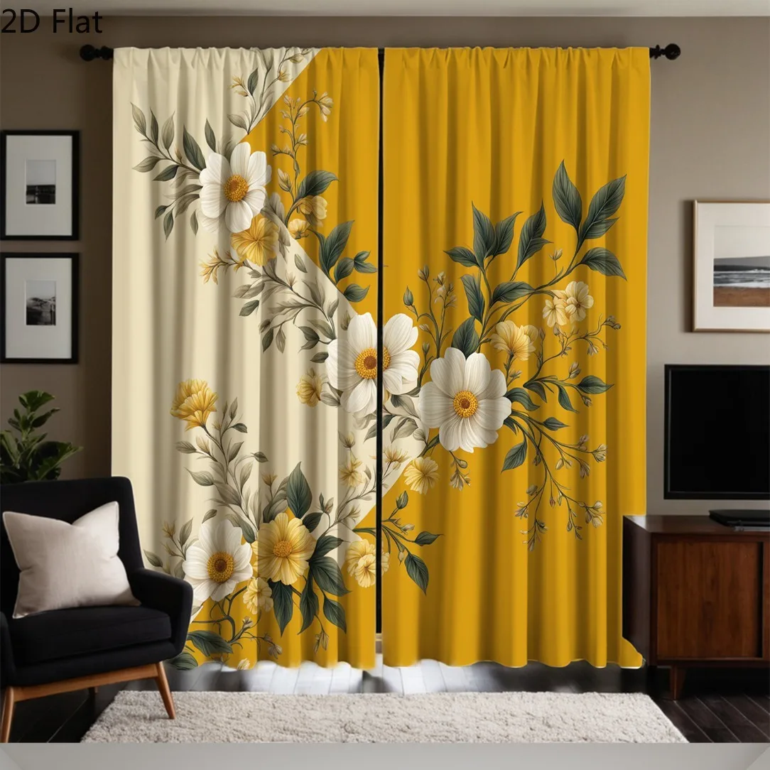 Yellow Floral Botanical Curtains for Living Room Polyester Window Drapes Cottage Style Home Decor Panels Waterproof Curtain Line
