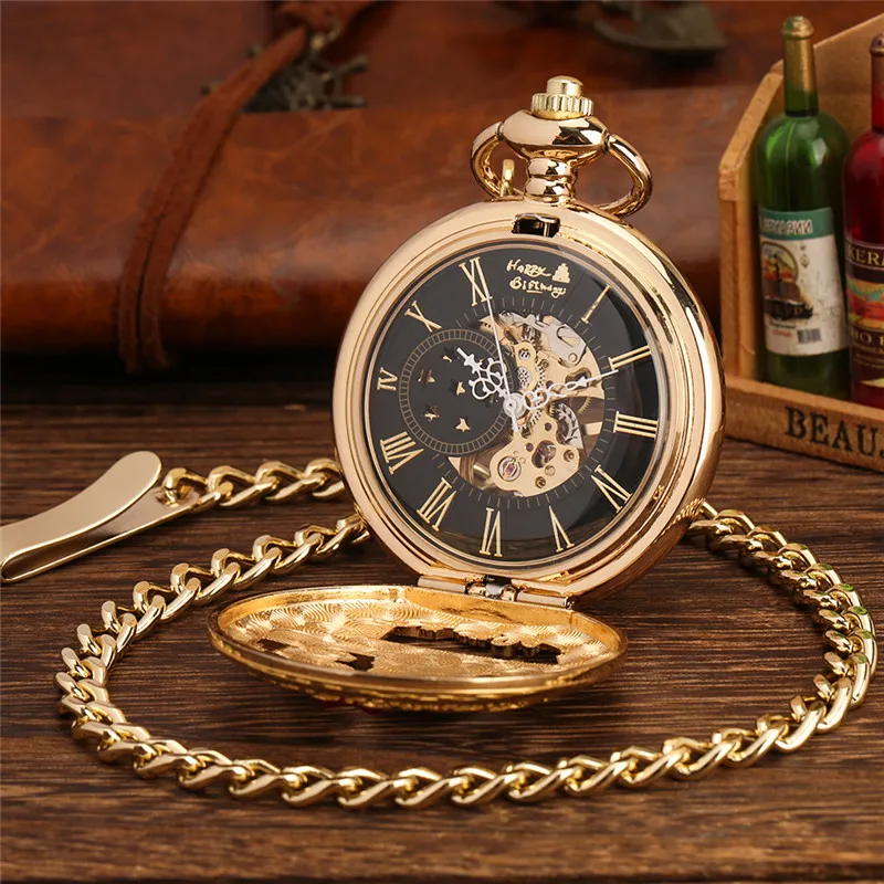 Creative Pocket Watch Hollow Out Happy Birthday Cake Design Unisex Hand Winding Mechanical Clock Timepiece with FOB Chain