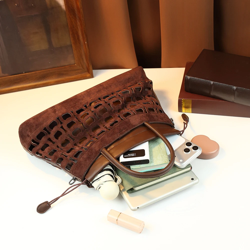 Retro Hollow Out Tote Bag Women Faux Suede Cutout Handbag Vintage Drawstring Shoulder Purse Premium PU Crossbody Satchel