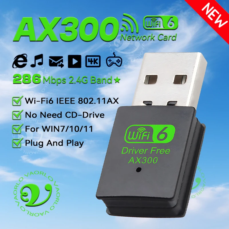 

USB WiFi Adapter 802.11AX Wi-Fi6 AX300 2.4G Drive Free Mini Wireless Network Card Receiver Dongle WLAN For PC Laptop Win7/10/11