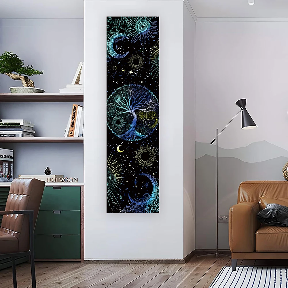 Blue Tree Of Life Art Tapestry For Living Room Bedroom Vertical Sun Moon Aesthetic Tapestry Wall Hanging Colorful Home Decor