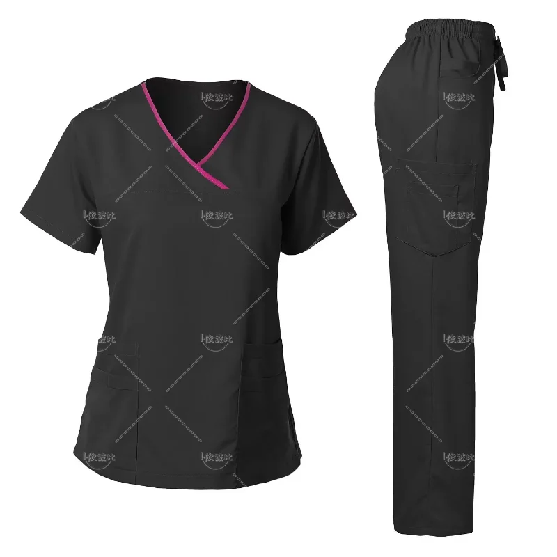 Medisch Uniform Trendy Vrouwen Scrub Set Stretch Zachte Y-Hals Top Broek Ziekenhuis Pet Clinic Arts Kostuum Contrasterende Kleuren