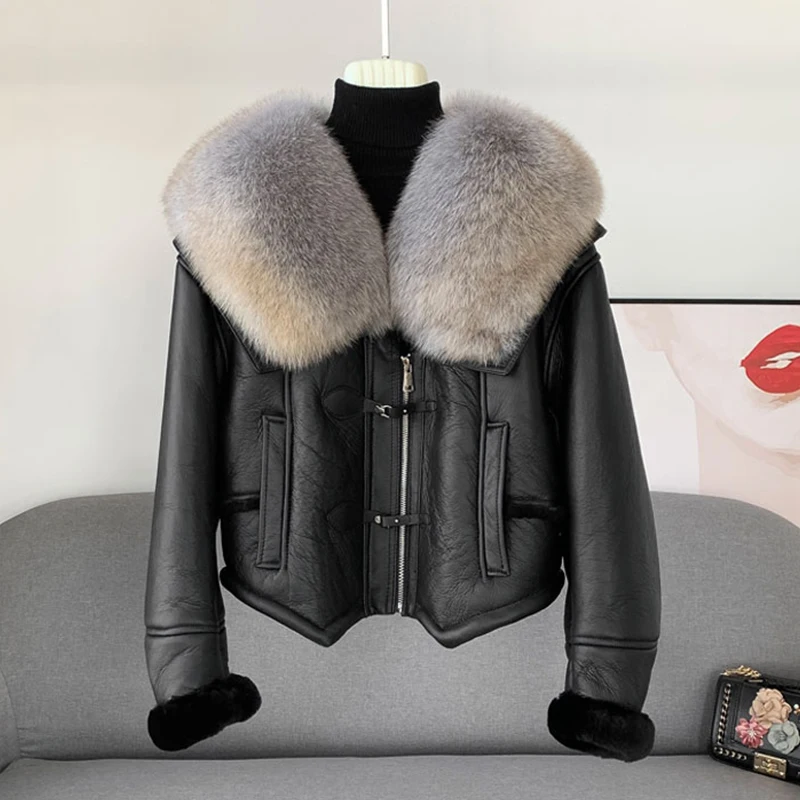 

Winter Women Natural Merino Sheep Fur Coats Genuine Leather Jacket Real Fox Fur Collar Thick Warm Outerwear Female Short Coats