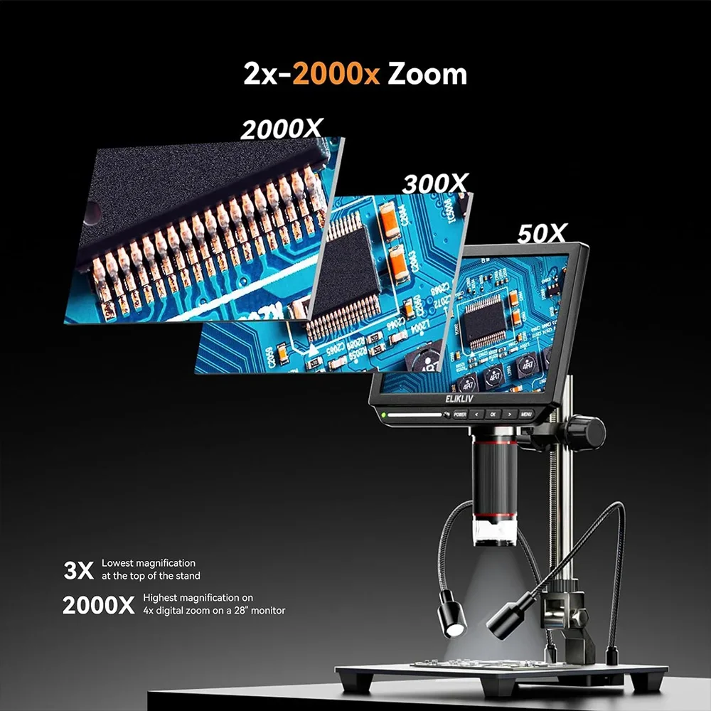 Microscope numérique HDMI 4K Elikliv EM4K pour l'électronique, microscope de soudure 8 pouces 2000X pour l'inspection et la réparation de circuits imprimés avec support de 10 pouces