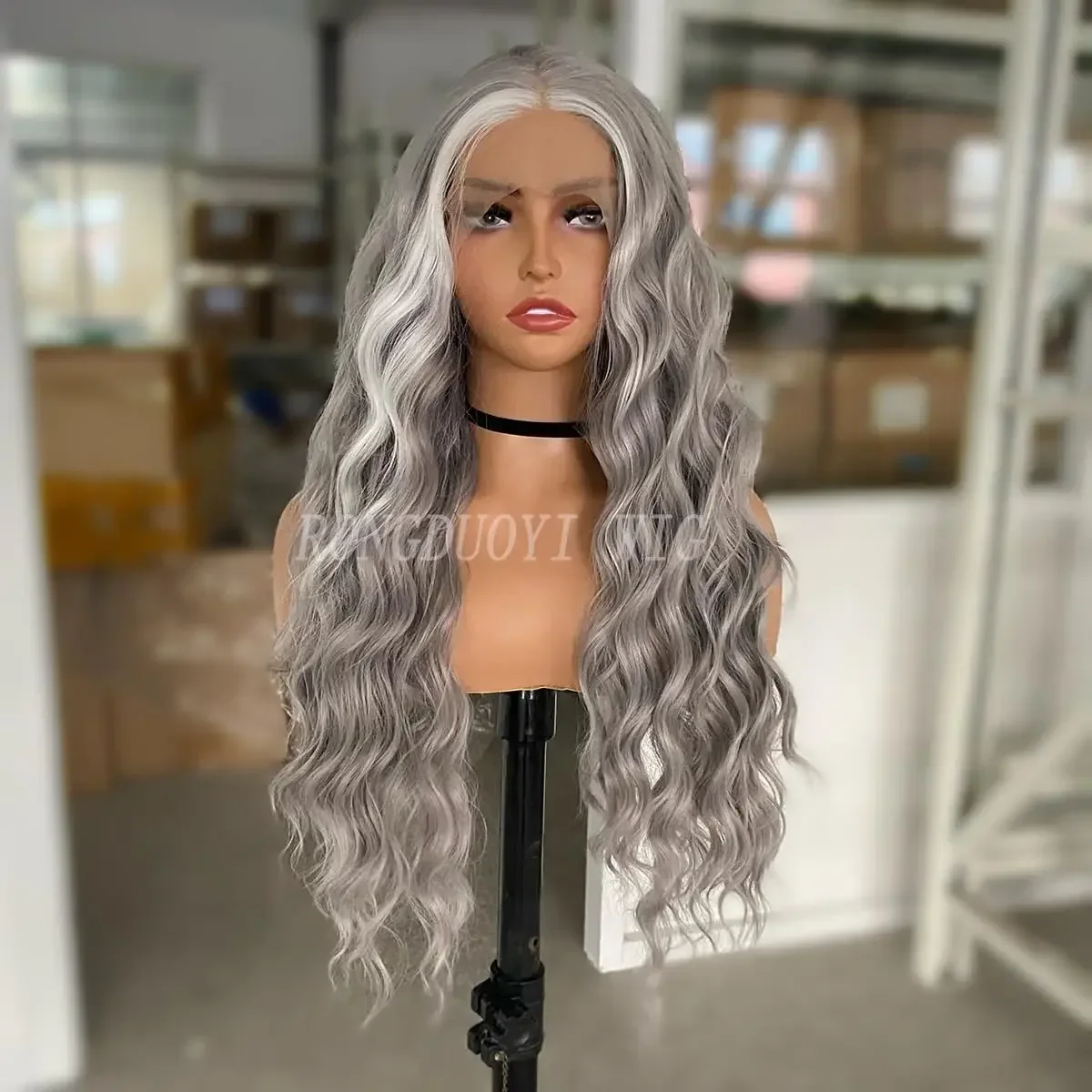 Silver Grey Long Wavy Lace Front Synthetic Wig Glueless Heat Resistant Fiber Hair for Women Cosplay Party and Daily Use