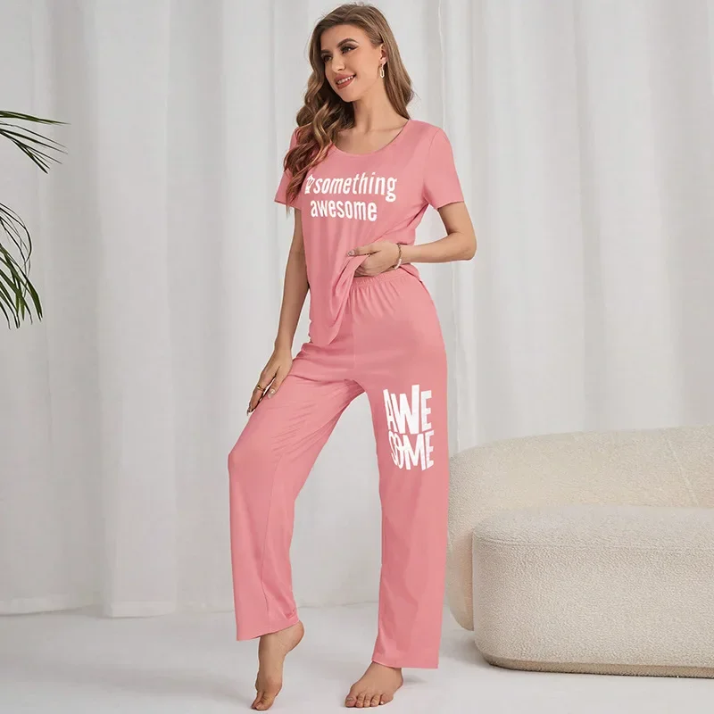 Women's Pajamas Stretchy Casual Comfortable Pink Printed Top and Pants Sleepwear Homewear Ladies Nightwear Europe and America 4