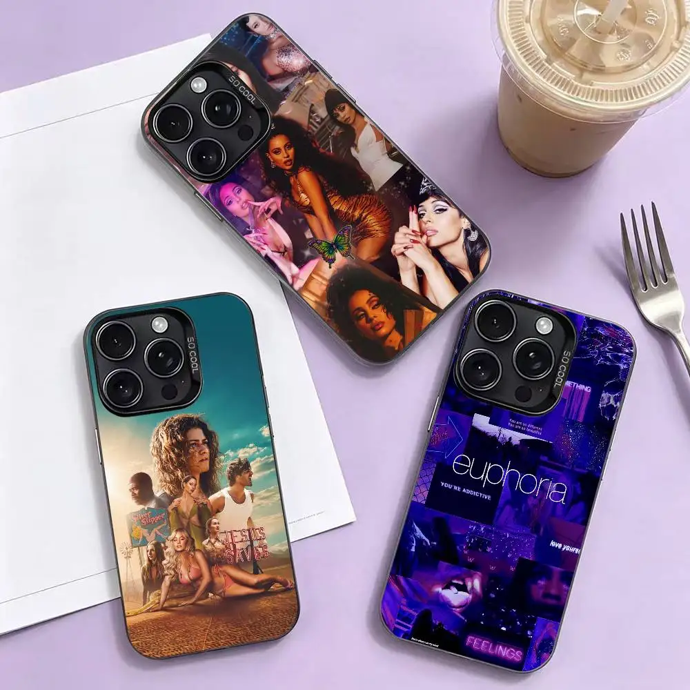 Coque de téléphone E-Euphoria USA TV Series pour iPhone 17, 16, 15, 14, 13, 12, 11 Plus, Pro Max, XS, étui coloré argenté Funda