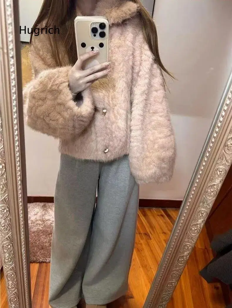 Ladies Light Pink Faux Fur Short Plush Jacket Lapel Collar Long Sleeve Button Down Cropped Coat Daily Winter Warm Outerwear