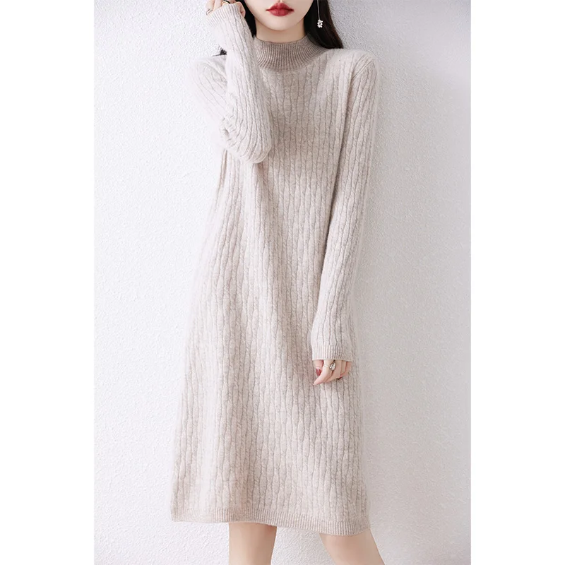 Hot Sale 100% Wool Dress For Women 2023 Autunm/Winter Cashmere Sweaters Hot Sale Long Style 5Colors Jumpers DR01