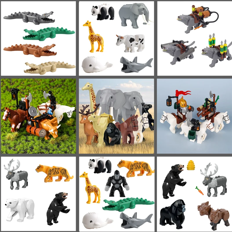 Animal Building Blocks Zoo Ocean Series Elephant Panda Crocodile Giraffe Dolphin Leopard Wolf MOC Assembling Brick Kid Toys Gift