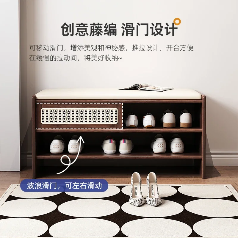 Medieval style solid wood rattan can sit on household long strips, shoe racks, shoe changing stools are integrated