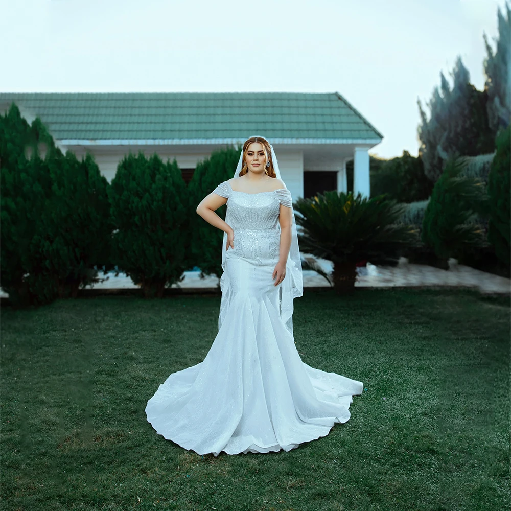 

Elegant Wedding Dresses Square Collar Short Sleeve Mermaid Bride Dress with Beading Sequined Sweep Train Bridal Gown Customized