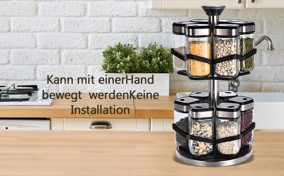 SIAZIH 2-lagig 360 ° Rotierender Gewürzregal aus Edelstahl mit 12 120 ml Gewürzgläsern mit rotierenden Deckeln, für einfachen Zugang zu Gewürzen – Detail 2