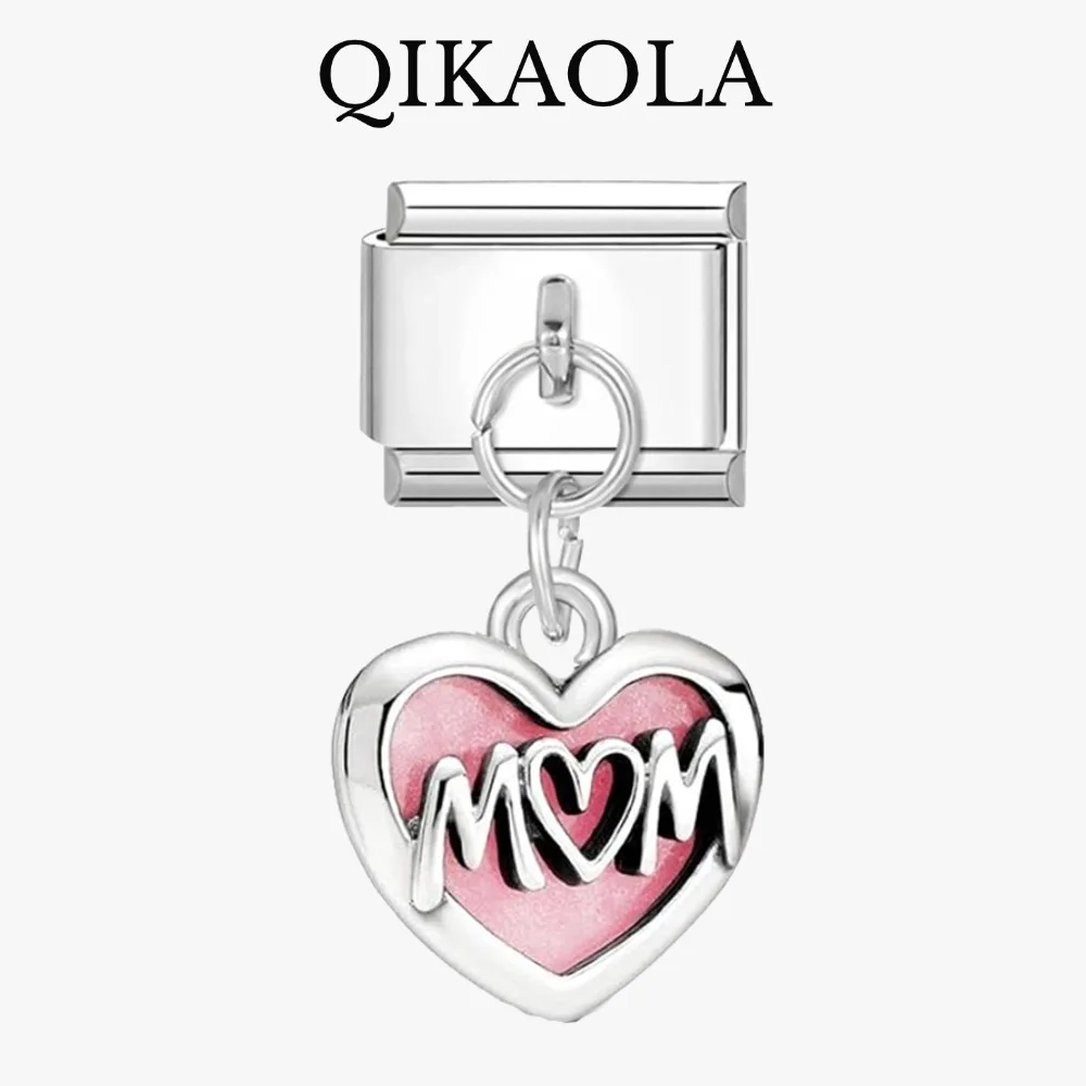 1pc Sparkling Pink Heart & Mom Dangle Charms Fit 9mm Stainless Steel Bracelet Diy Jewelry Making Best Mother's Day Gift