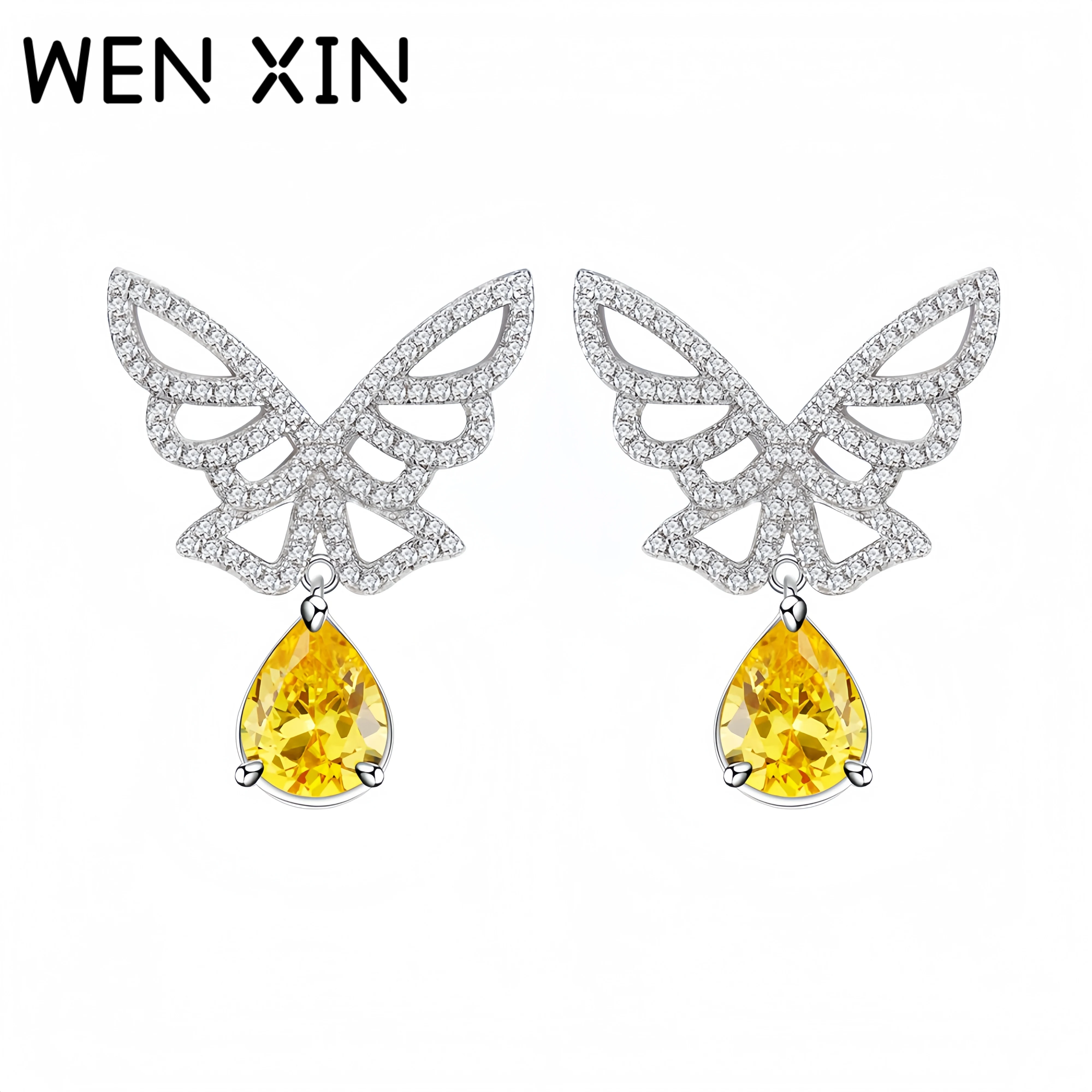 WENXIN الفاخرة كامل الماس Bowknot قلادة أقراط مختبر نمت عالية الكربون الماس 925 فضة أقراط غرامة مجوهرات