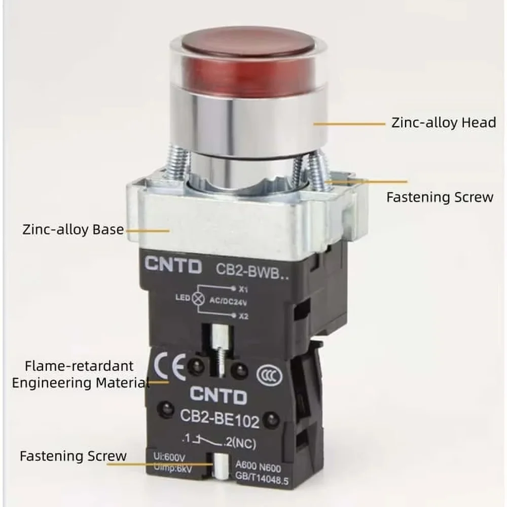CNTD CXB2-BW/BWZ 22mm LED Illuminated Push Button Switch Momentary Latching 1NO 1NC Red Green Yellow AC/DC 24V 220V 600V CE CCC